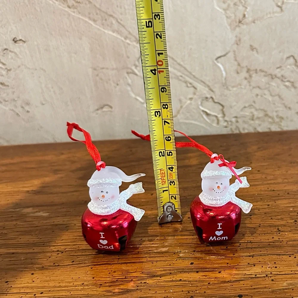 2 Snowman Jingle Bell Christmas Ornaments I Love My Dad & I Love My Mom
